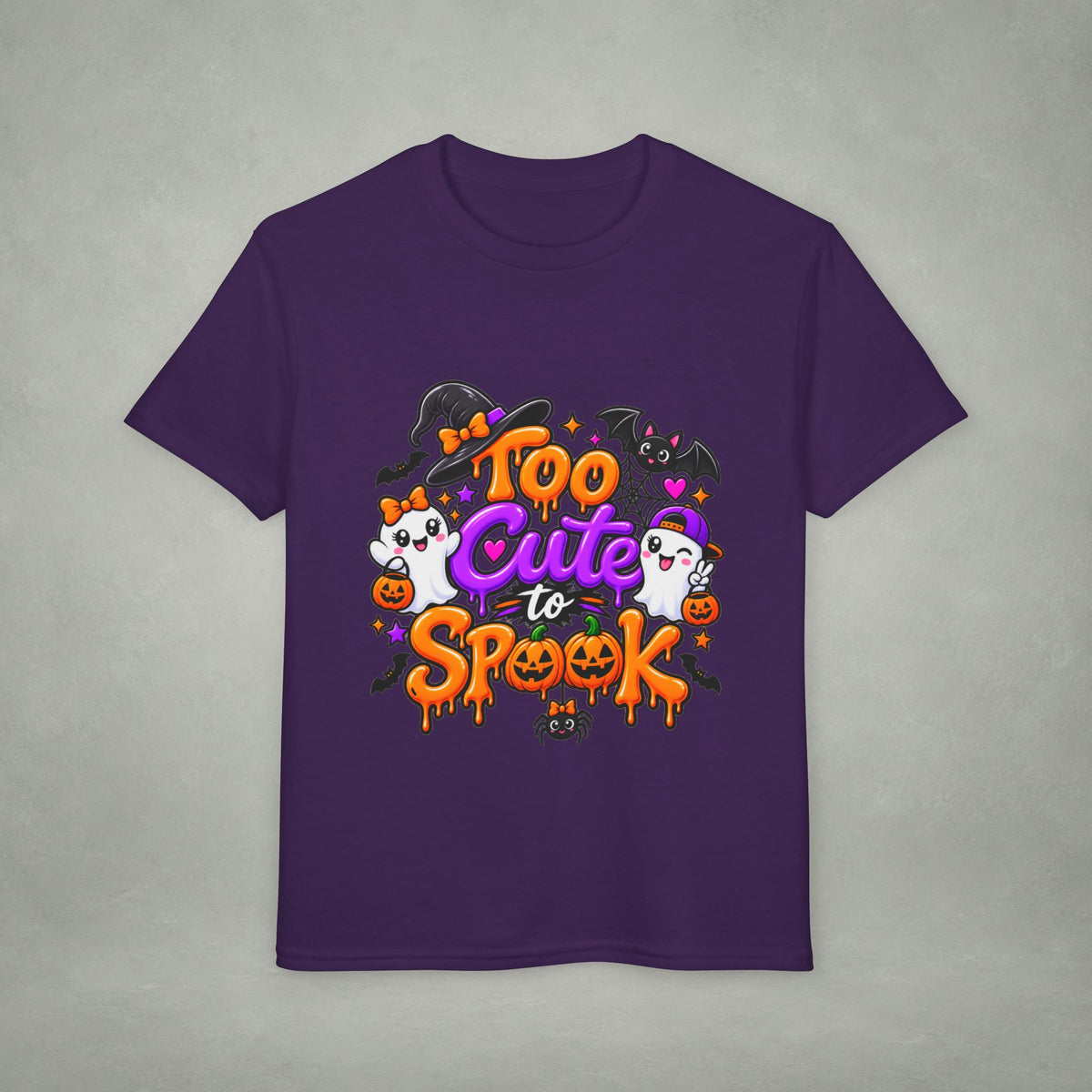 Too Cute to Spook Youth T-Shirt | Halloween Ghosts Pumpkins Bats