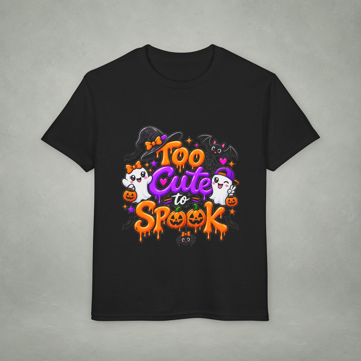 Too Cute to Spook Youth T-Shirt | Halloween Ghosts Pumpkins Bats