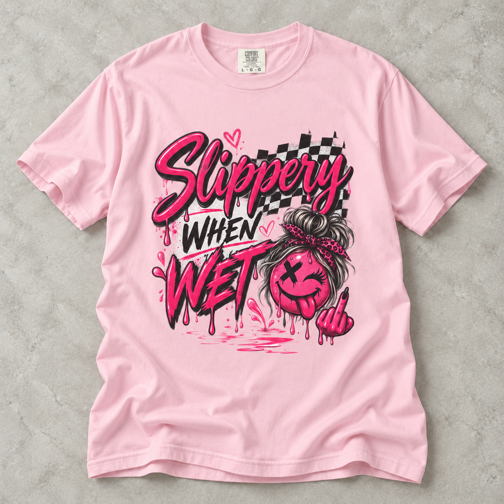 Slippery When Wet Graphic T-Shirt — Pink Drip Streetwear Tee