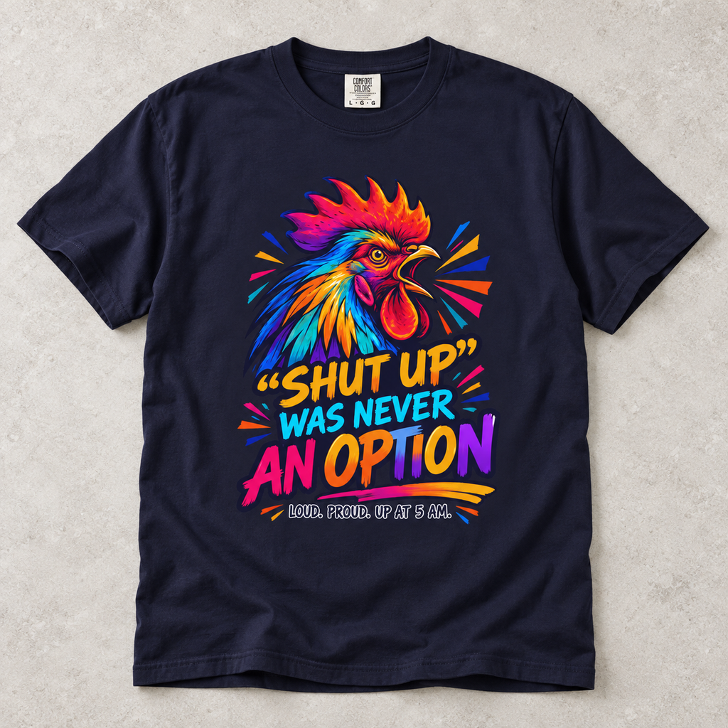 Rooster Graphic T-Shirt — “Shut Up Was Never An Option” Loud Morning Tee