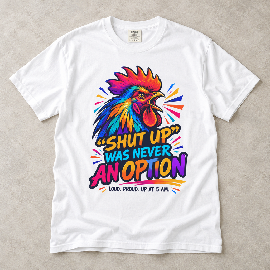 Rooster Graphic T-Shirt — “Shut Up Was Never An Option” Loud Morning Tee