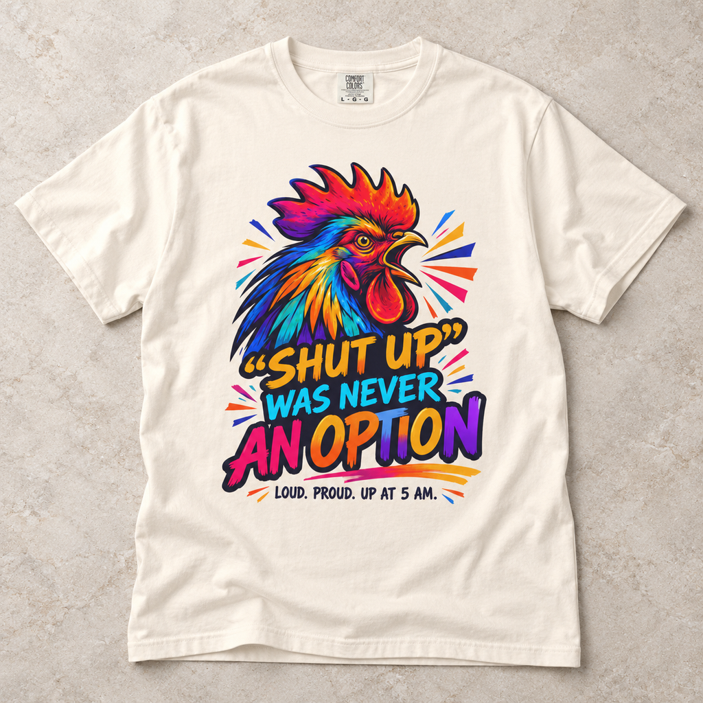 Rooster Graphic T-Shirt — “Shut Up Was Never An Option” Loud Morning Tee