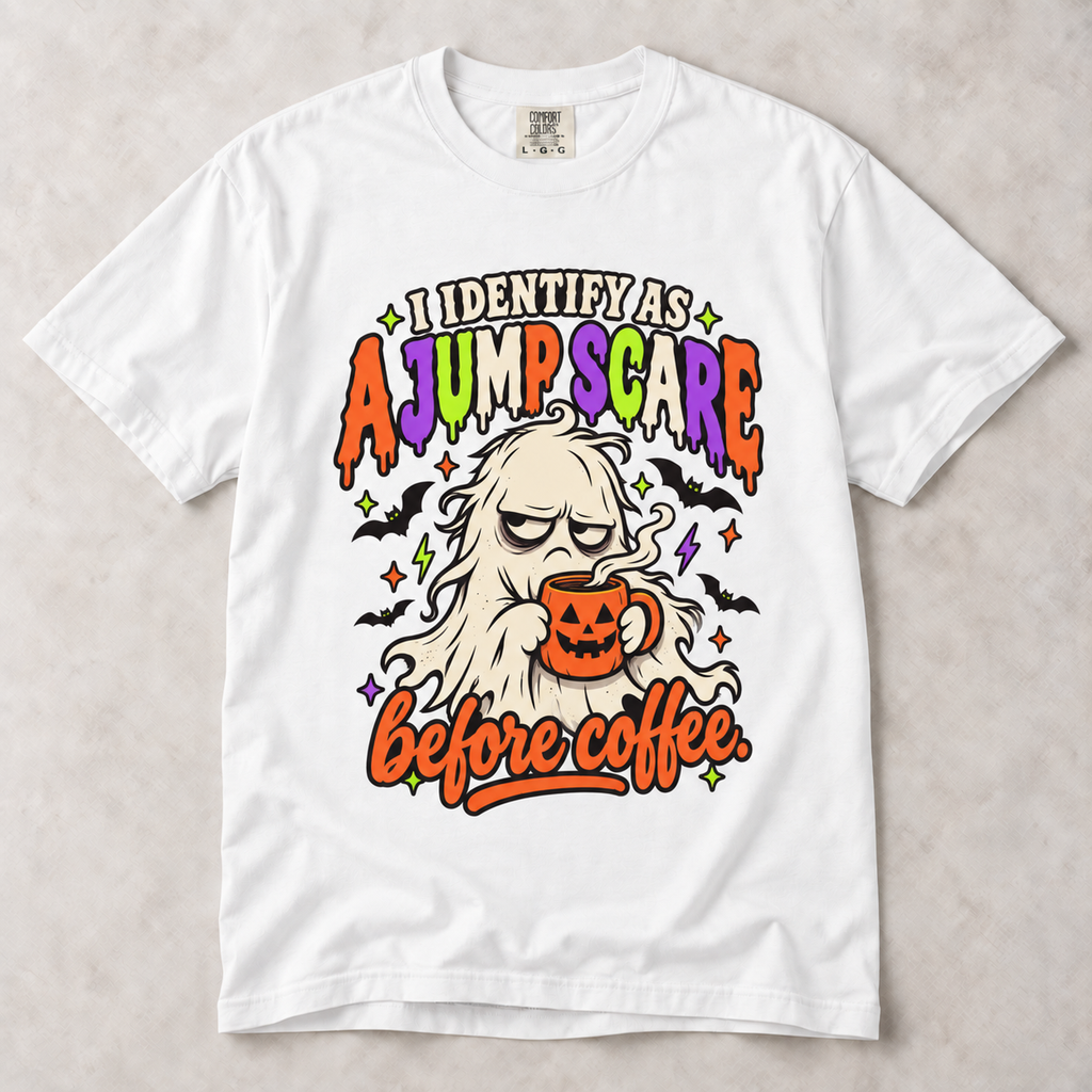 I Identify As A Jump-Scare Before Coffee T-Shirt — Funny Halloween Coffee Tee