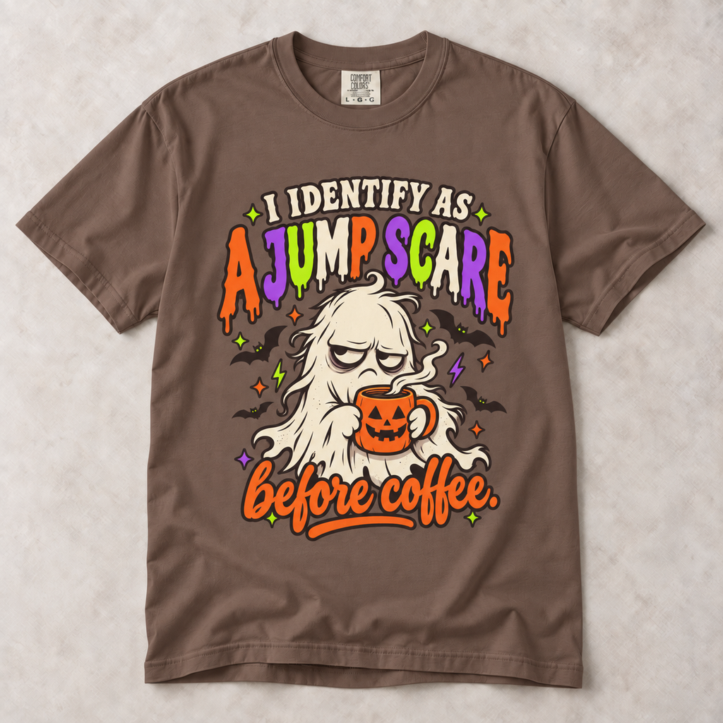 I Identify As A Jump-Scare Before Coffee T-Shirt — Funny Halloween Coffee Tee