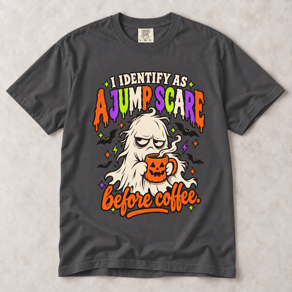 I Identify As A Jump-Scare Before Coffee T-Shirt — Funny Halloween Coffee Tee