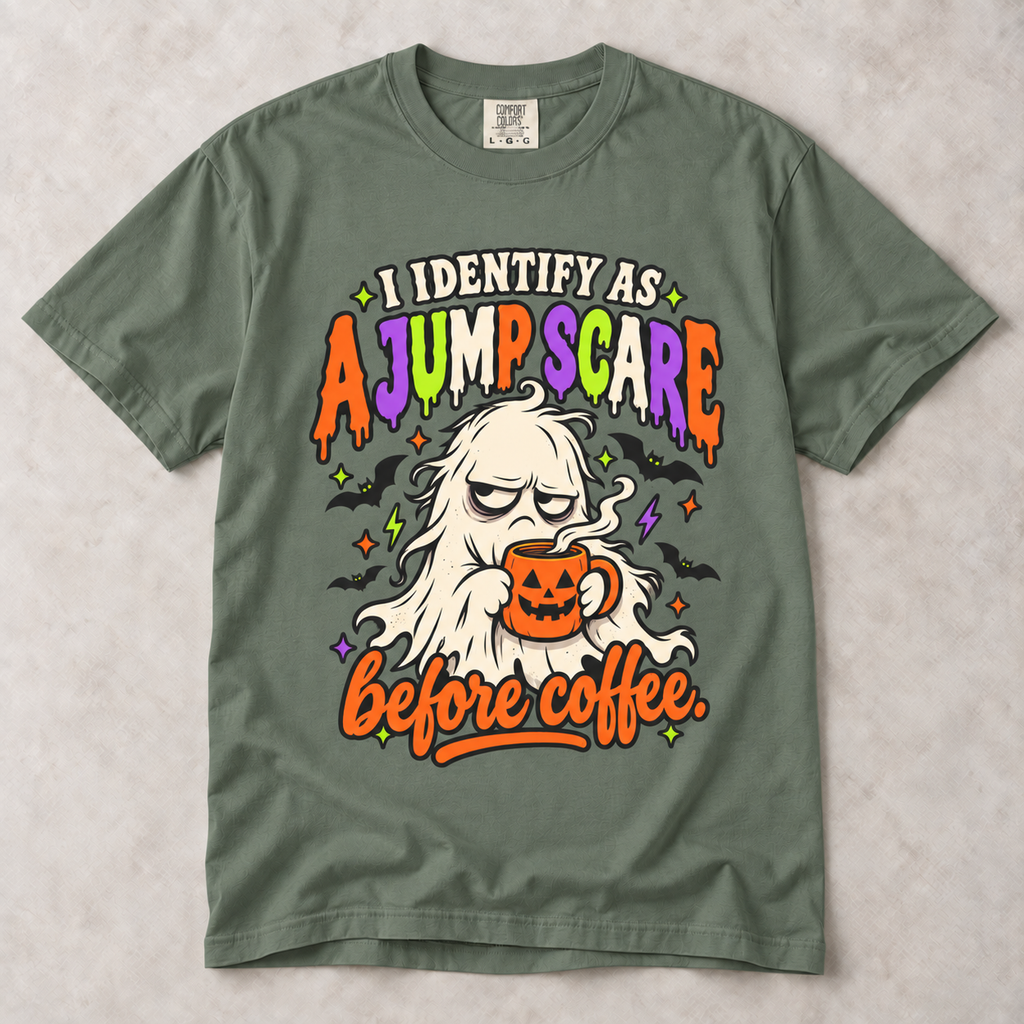 I Identify As A Jump-Scare Before Coffee T-Shirt — Funny Halloween Coffee Tee