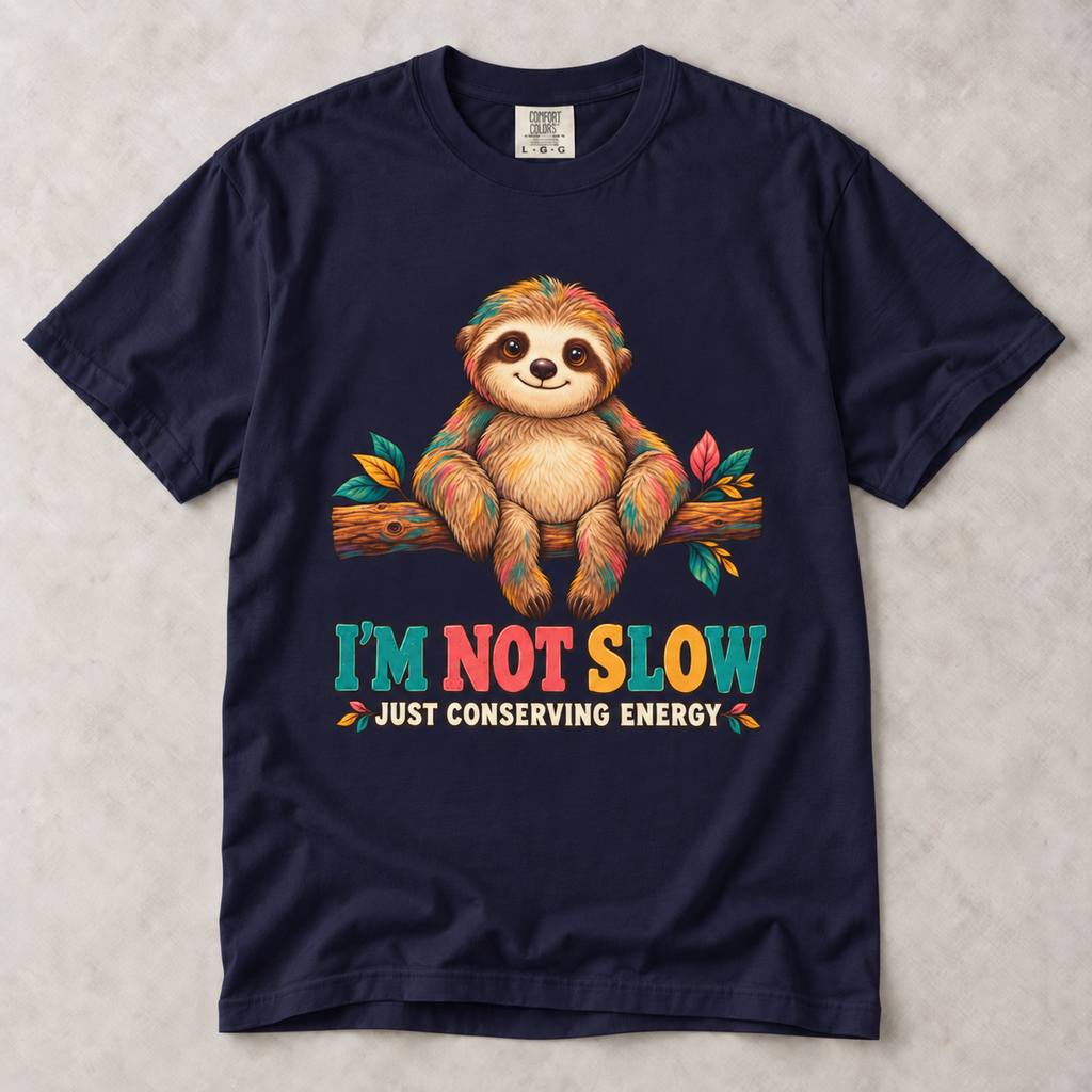 Sloth T-Shirt – “I’m Not Slow, Just Conserving Energy” Cute Lazy Animal Tee