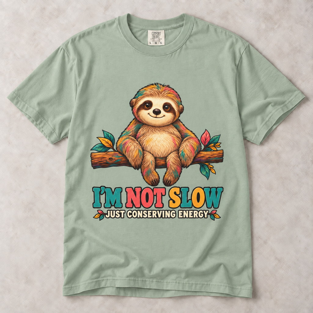 Sloth T-Shirt – “I’m Not Slow, Just Conserving Energy” Cute Lazy Animal Tee