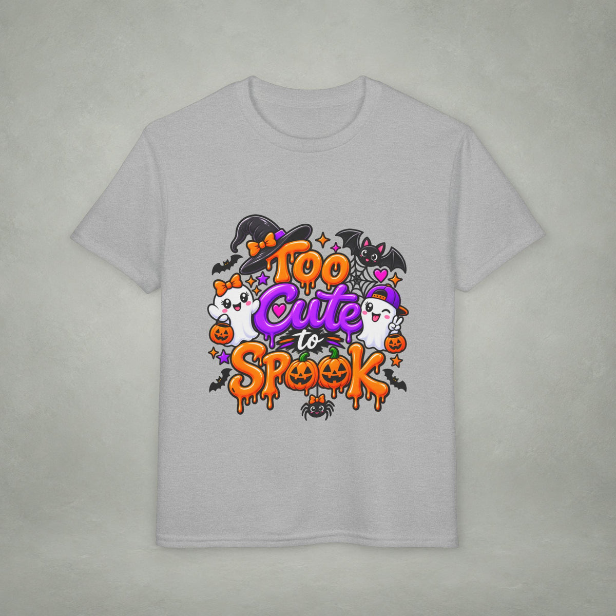 Too Cute to Spook Youth T-Shirt | Halloween Ghosts Pumpkins Bats