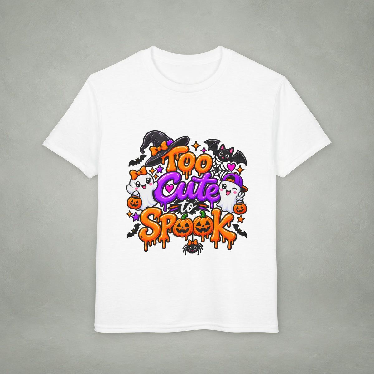 Too Cute to Spook Youth T-Shirt | Halloween Ghosts Pumpkins Bats